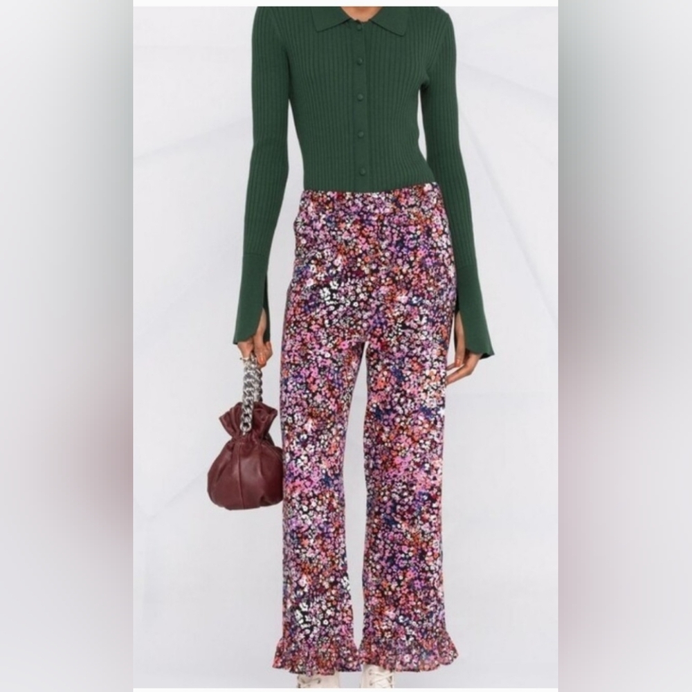NWT Maje Floral Printed Silk Ruffle Pants
